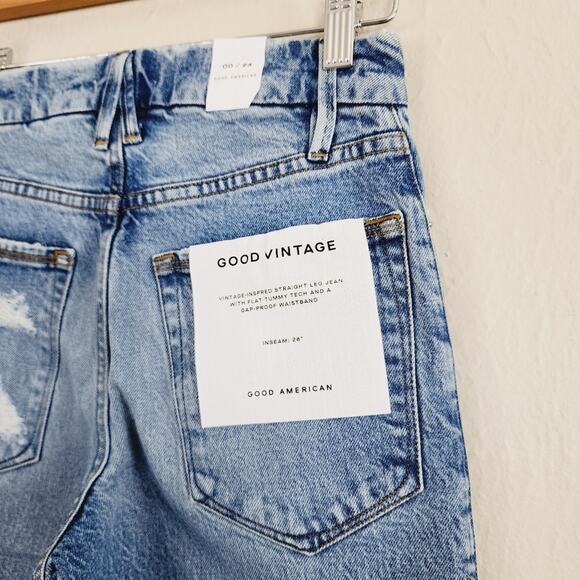 NWT Good American Good Vintage High Rise Straight Jean Fray Hem Denim 00 - Picture 6 of 10